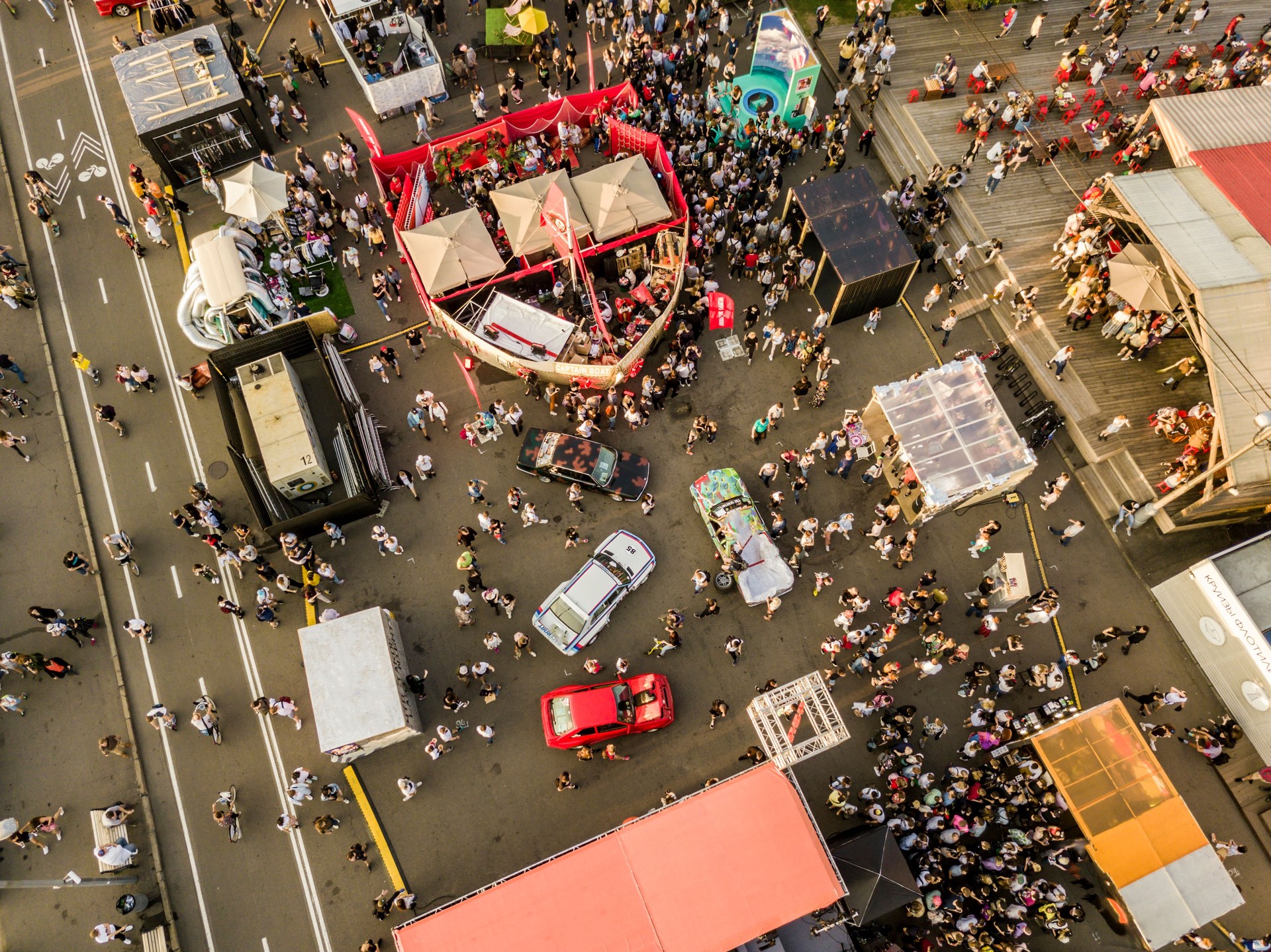 aerial top view of massive people crowd in city