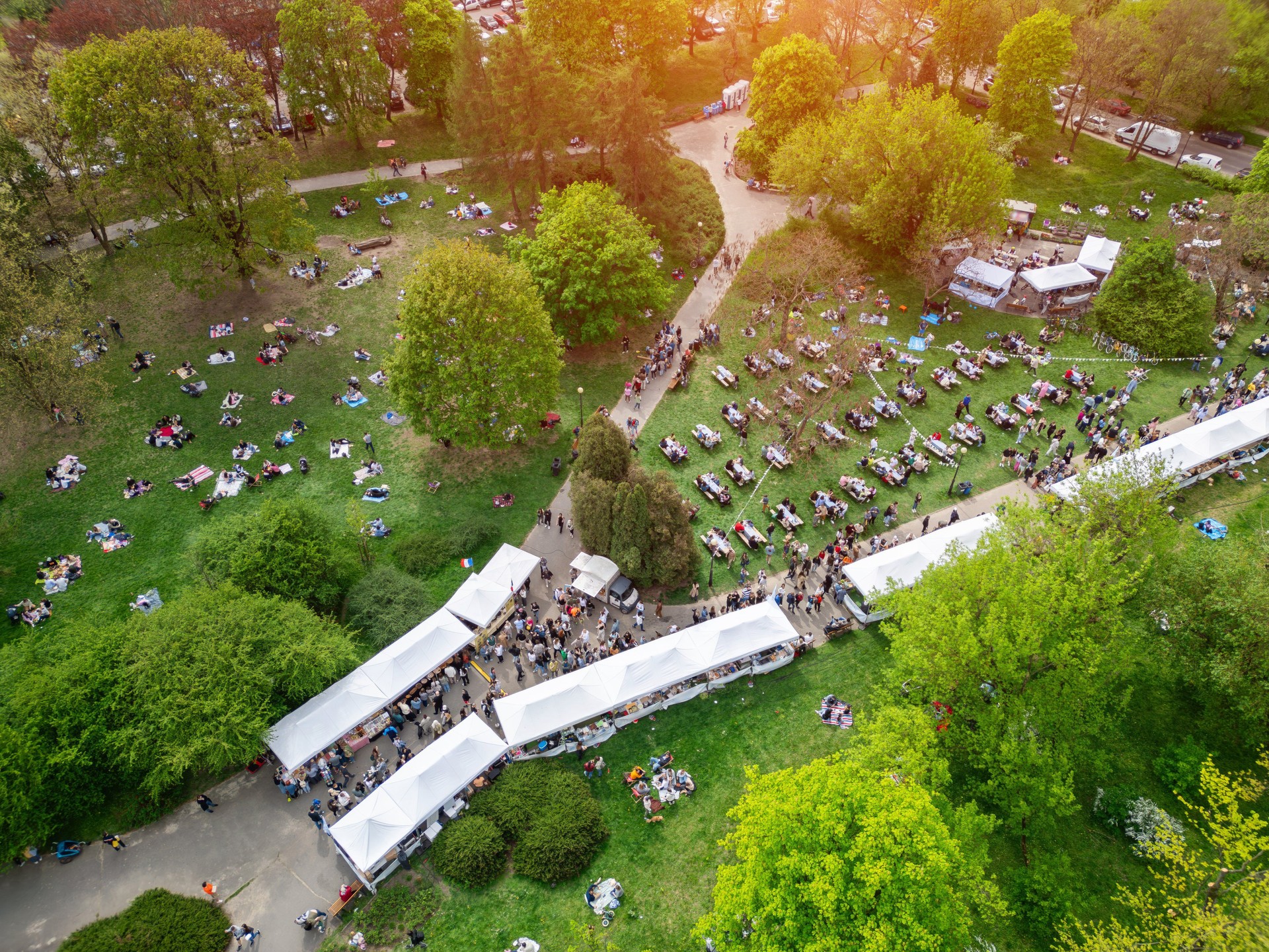 city street food festival event at green park at summer, tents of food market at green meadow, crowd walking and sitting at picnic, aerial view