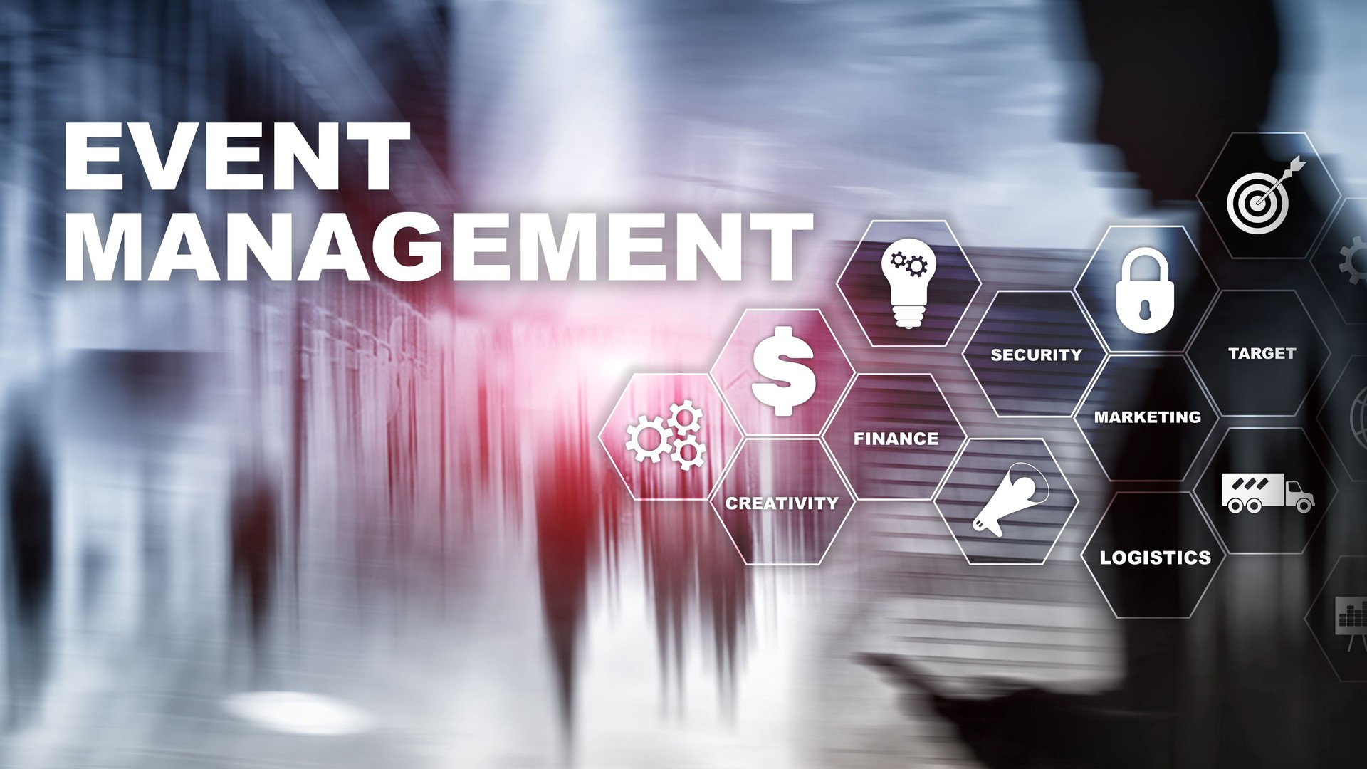 Event management Concept. Event management flowchart. Event management related items. Mixed media business.