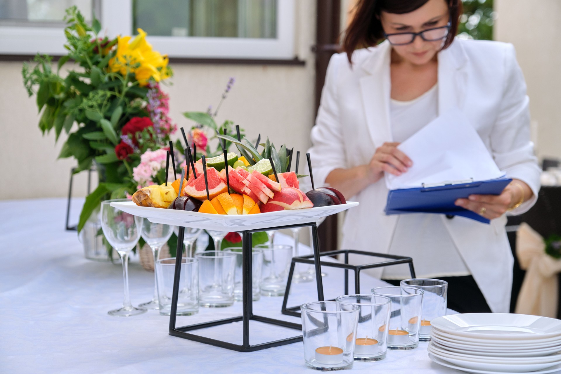 Catering for events, banquet decorated table, table setting decoration.